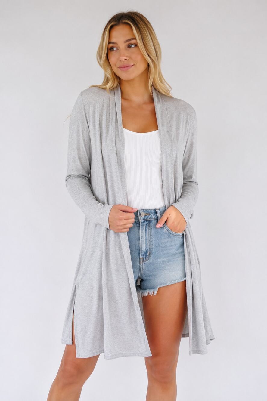 Women’s Light Gray Ribbed Open-Front Longline Cardigan Estimated Size L